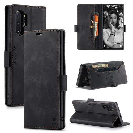 For Samsung Galaxy Note 10 Plus 4G Wallet Case AUTSPACE A01 Leather Stand Cover with RFID Blocking Card Holder - Black