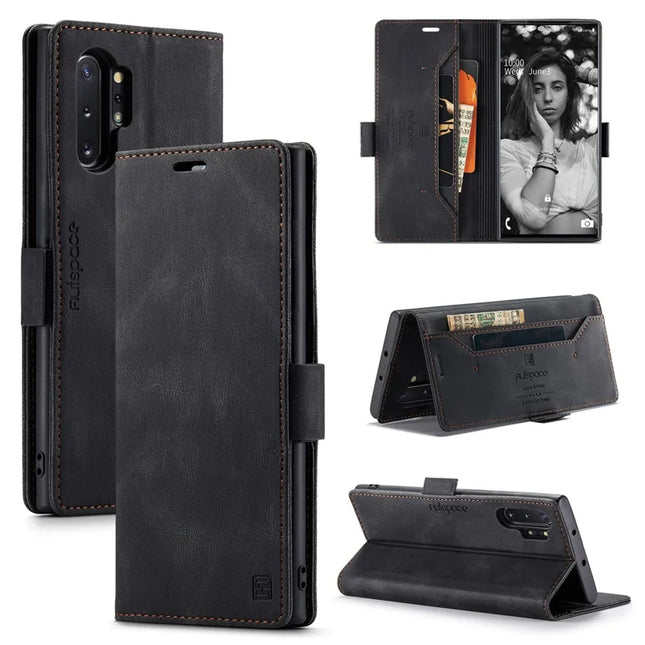 For Samsung Galaxy Note 10 Plus 4G Wallet Case AUTSPACE A01 Leather Stand Cover with RFID Blocking Card Holder - Black