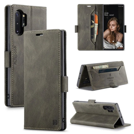 For Samsung Galaxy Note 10 Plus 4G Wallet Case AUTSPACE A01 Leather Stand Cover with RFID Blocking Card Holder - Coffee
