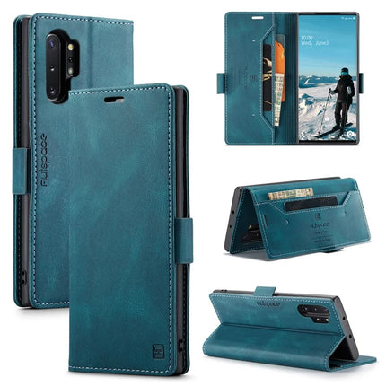 For Samsung Galaxy Note 10 Plus 4G Wallet Case AUTSPACE A01 Leather Stand Cover with RFID Blocking Card Holder - Blue