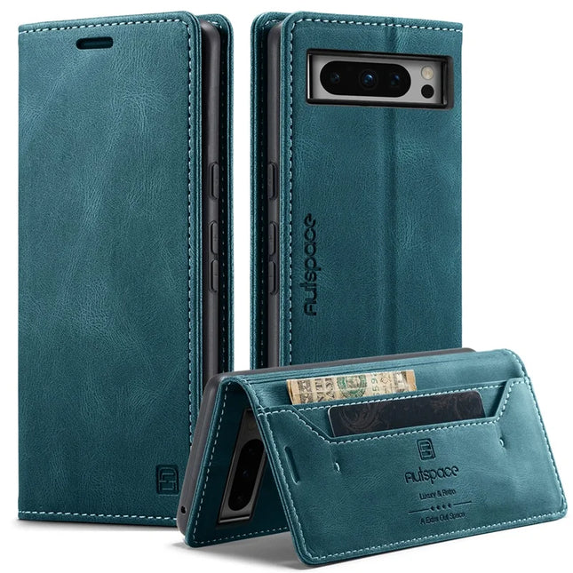 For Google Pixel 8 Pro Wallet Case AUTSPACE A01 Leather Stand Cover with RFID Blocking Card Holder - Blue