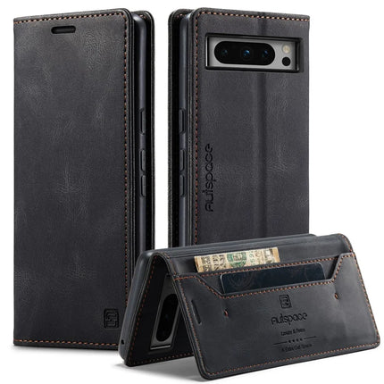 For Google Pixel 8 Pro Wallet Case AUTSPACE A01 Leather Stand Cover with RFID Blocking Card Holder - Black