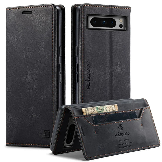 For Google Pixel 8 Pro Wallet Case AUTSPACE A01 Leather Stand Cover with RFID Blocking Card Holder - Black