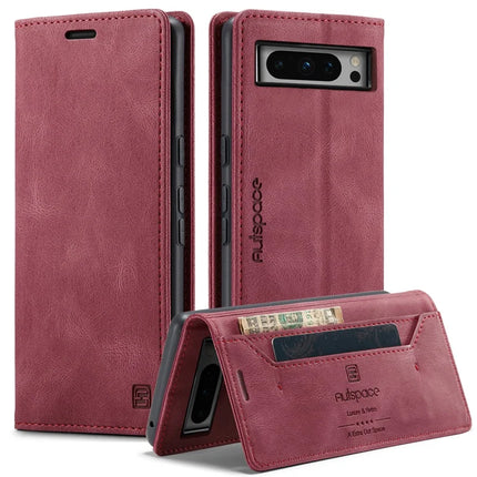 For Google Pixel 8 Pro Wallet Case AUTSPACE A01 Leather Stand Cover with RFID Blocking Card Holder - Red