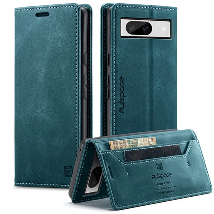 For Google Pixel 8 Wallet Case AUTSPACE A01 Leather Stand Cover with RFID Blocking Card Holder - Blue