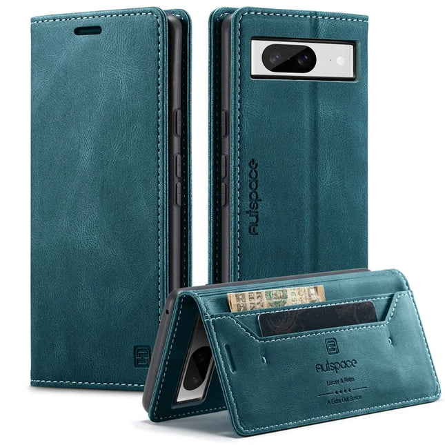 For Google Pixel 8 Wallet Case AUTSPACE A01 Leather Stand Cover with RFID Blocking Card Holder - Blue