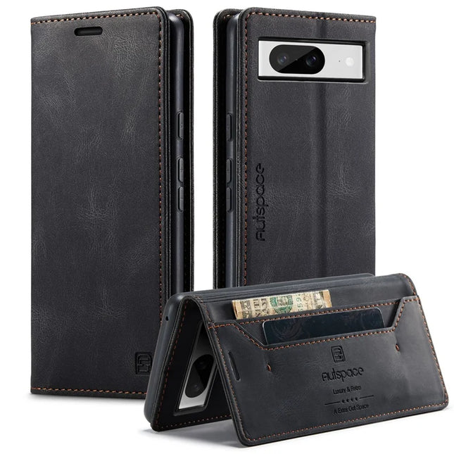 For Google Pixel 8 Wallet Case AUTSPACE A01 Leather Stand Cover with RFID Blocking Card Holder - Black