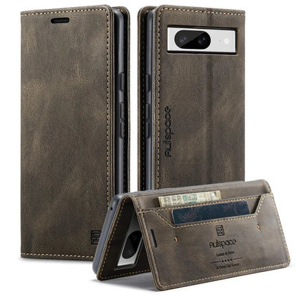 For Google Pixel 8 Wallet Case AUTSPACE A01 Leather Stand Cover with RFID Blocking Card Holder - Coffee