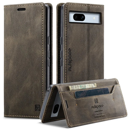 For Google Pixel 7a Wallet Case AUTSPACE A01 Leather Stand Cover with RFID Blocking Card Holder - Coffee
