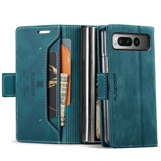 For Google Pixel Fold Wallet Case AUTSPACE A01 Leather Stand Cover with RFID Blocking Card Holder - Blue