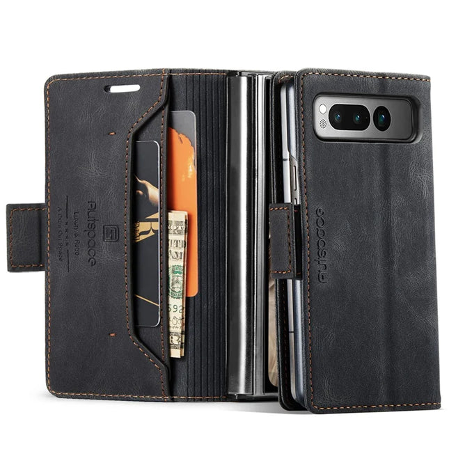 For Google Pixel Fold Wallet Case AUTSPACE A01 Leather Stand Cover with RFID Blocking Card Holder - Black