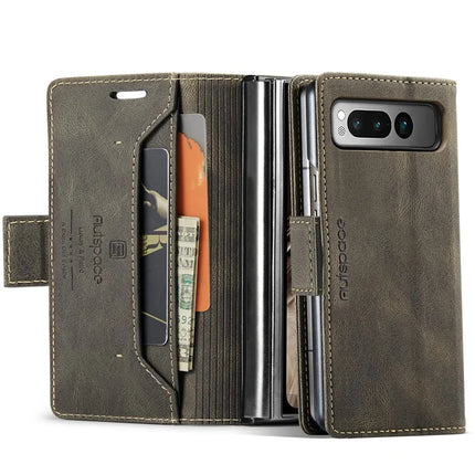 For Google Pixel Fold Wallet Case AUTSPACE A01 Leather Stand Cover with RFID Blocking Card Holder - Coffee