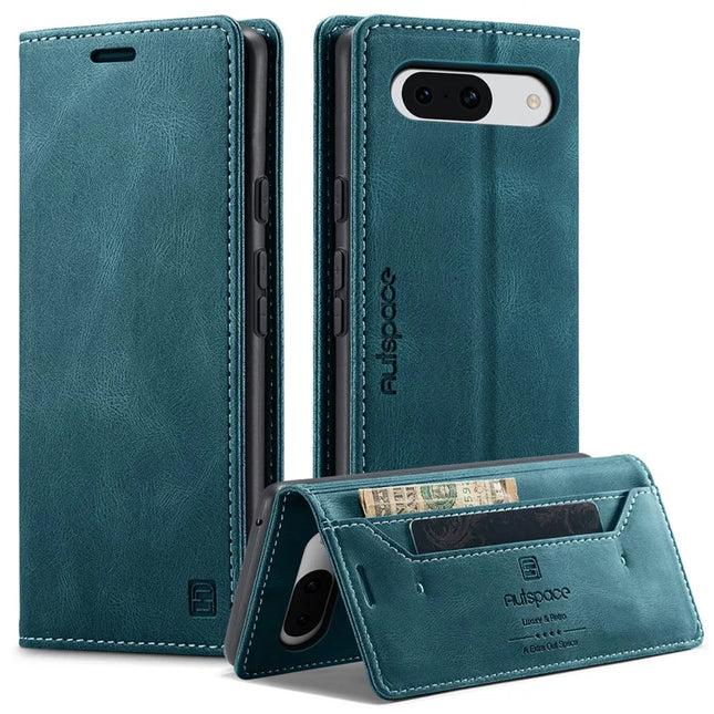 For Google Pixel 8a Wallet Case AUTSPACE A01 Leather Stand Cover with RFID Blocking Card Holder - Blue