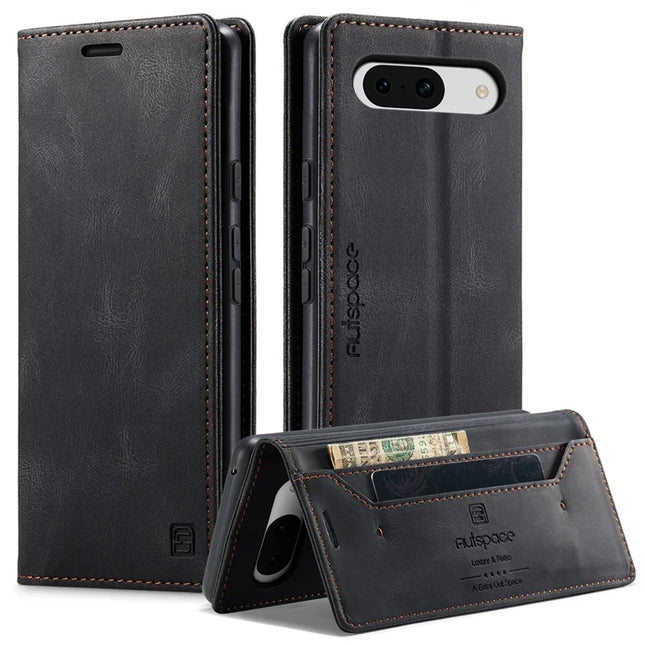 For Google Pixel 8a Wallet Case AUTSPACE A01 Leather Stand Cover with RFID Blocking Card Holder - Black