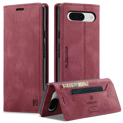 For Google Pixel 8a Wallet Case AUTSPACE A01 Leather Stand Cover with RFID Blocking Card Holder - Red