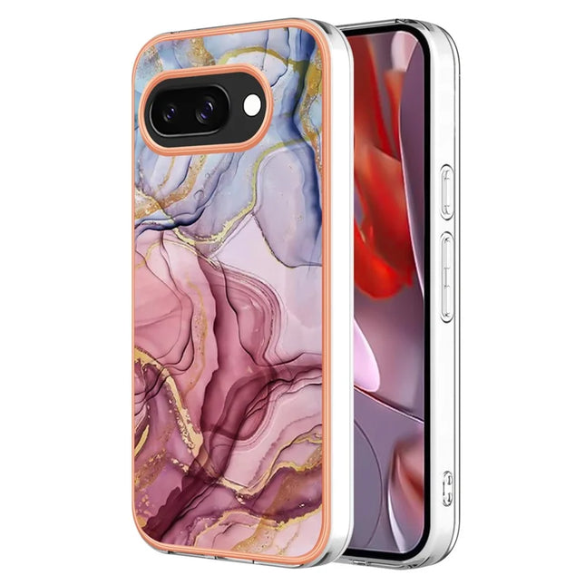 For Google Pixel 9a TPU Case Marble Pattern 2.0mm Electroplating Phone Back Cover - Rose Gold