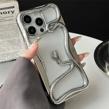 For iPhone 16 Pro Max Bumper Case Hollow Snake Design TPU Phone Cover - Electroplated Silver