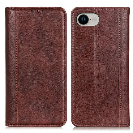 For iPhone 16e Stand Case Split Leather Litchi Texture Wallet Phone Cover - Brown