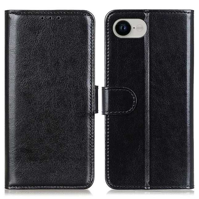 For iPhone 16e Case Crazy Horse Texture PU Leather Phone Stand Cover - Black