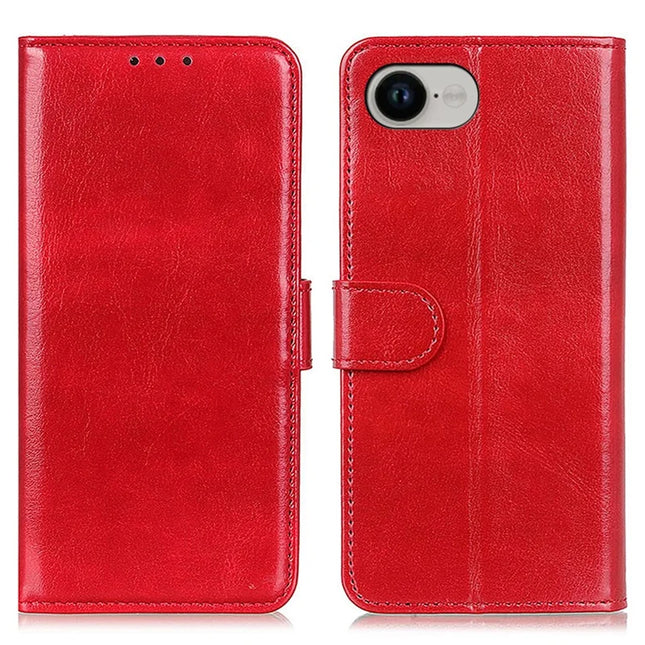 For iPhone 16e Case Crazy Horse Texture PU Leather Phone Stand Cover - Red