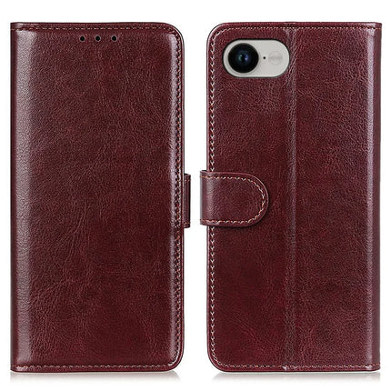 For iPhone 16e Case Crazy Horse Texture PU Leather Phone Stand Cover - Brown
