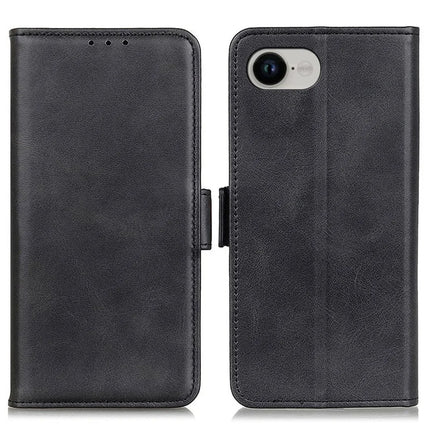 For iPhone 16e Case Stand Cowhide Texture PU Leather Phone Cover - Black