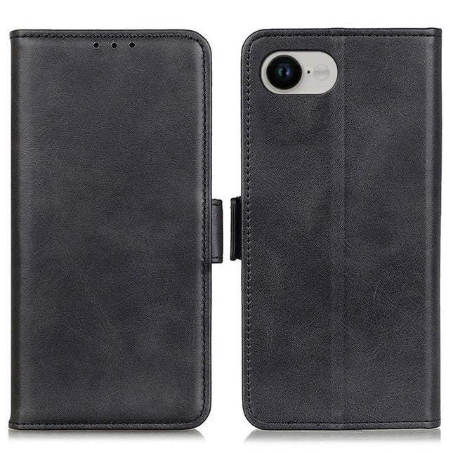 For iPhone 16e Case Stand Cowhide Texture PU Leather Phone Cover - Black