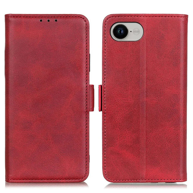For iPhone 16e Case Stand Cowhide Texture PU Leather Phone Cover - Red