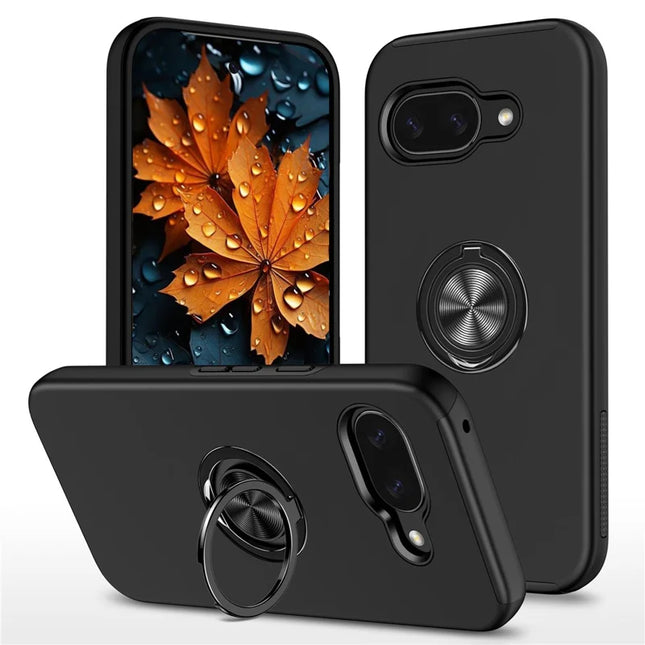 For Google Pixel 9a Case PC + TPU Phone Cover with Rotatable Ring Holder - Black