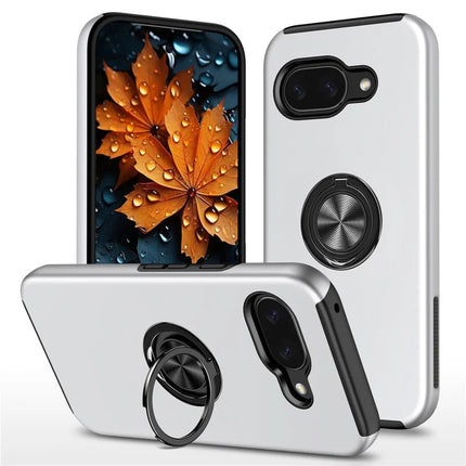 For Google Pixel 9a Case PC + TPU Phone Cover with Rotatable Ring Holder - Silver