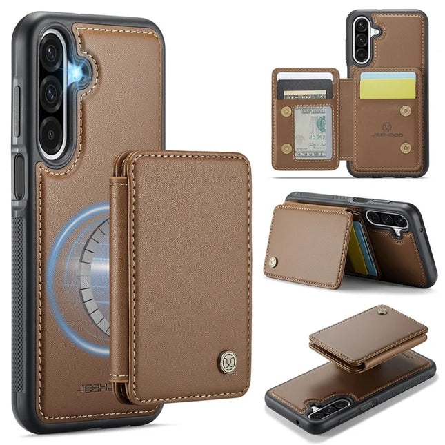 For Samsung Galaxy A26 5G Case JEEHOOD J05 Leather Mobile Cover with Detachable Magnetic Card Bag - Brown