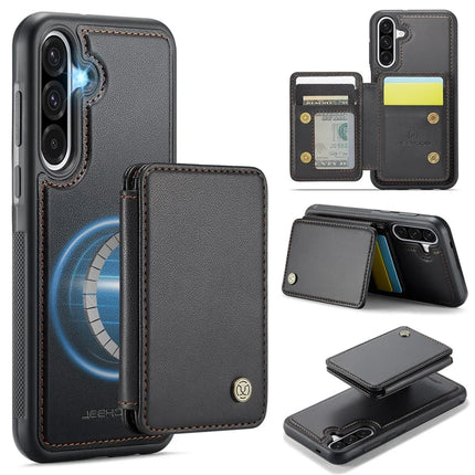 For Samsung Galaxy A36 5G Case JEEHOOD J05 Leather Mobile Cover with Detachable Magnetic Card Bag - Black