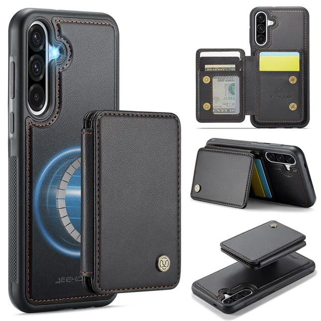 For Samsung Galaxy A36 5G Case JEEHOOD J05 Leather Mobile Cover with Detachable Magnetic Card Bag - Black