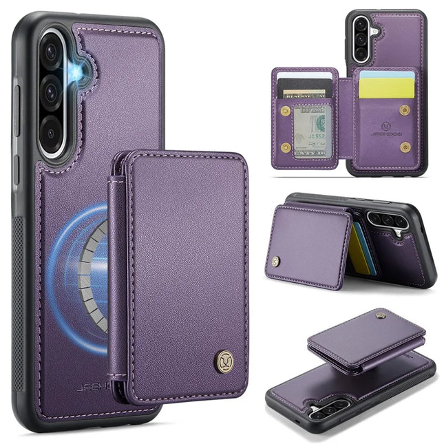 For Samsung Galaxy A56 5G Case JEEHOOD J05 Leather Mobile Cover with Detachable Magnetic Card Bag - Purple