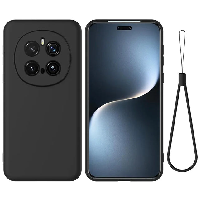 For Honor Magic7 Pro 5G Liquid Silicone Case Phone Back Cover with Hand Strap - Black