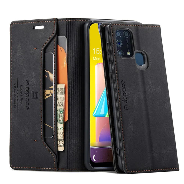 For Samsung Galaxy M31 Prime / Galaxy M21s / Galaxy F14 4G / Galaxy M31 Wallet Case AUTSPACE A01 Leather Stand Cover with RFID Blocking Card Holder - Black
