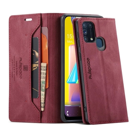 For Samsung Galaxy M31 Prime / Galaxy M21s / Galaxy F14 4G / Galaxy M31 Wallet Case AUTSPACE A01 Leather Stand Cover with RFID Blocking Card Holder - Red
