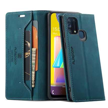 For Samsung Galaxy M31 Prime / Galaxy M21s / Galaxy F14 4G / Galaxy M31 Wallet Case AUTSPACE A01 Leather Stand Cover with RFID Blocking Card Holder - Blue