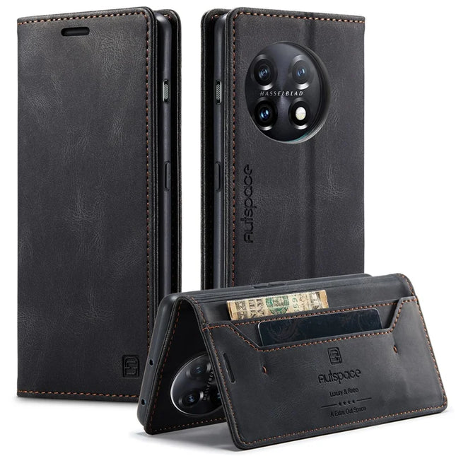 For OnePlus 11 5G Wallet Case AUTSPACE A01 Leather Stand Cover with RFID Blocking Card Holder - Black