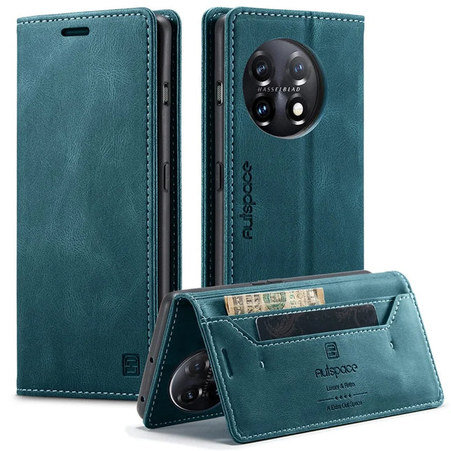 For OnePlus 11 5G Wallet Case AUTSPACE A01 Leather Stand Cover with RFID Blocking Card Holder - Blue