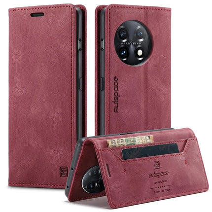 For OnePlus 11 5G Wallet Case AUTSPACE A01 Leather Stand Cover with RFID Blocking Card Holder - Red
