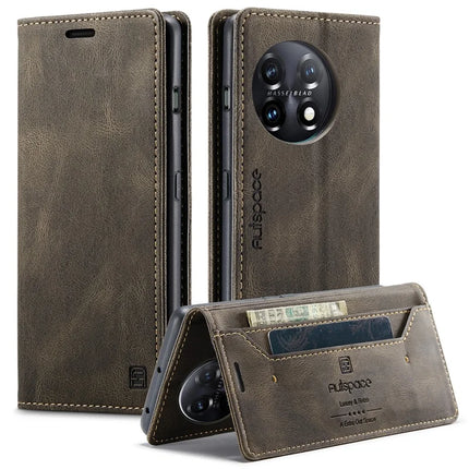 For OnePlus 11 5G Wallet Case AUTSPACE A01 Leather Stand Cover with RFID Blocking Card Holder - Coffee