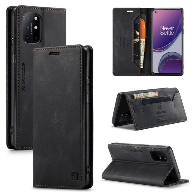 For OnePlus 8T Wallet Case AUTSPACE A01 Leather Stand Cover with RFID Blocking Card Holder - Black