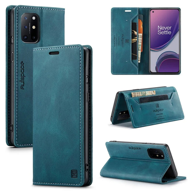 For OnePlus 8T Wallet Case AUTSPACE A01 Leather Stand Cover with RFID Blocking Card Holder - Blue