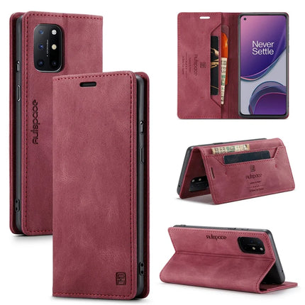 For OnePlus 8T Wallet Case AUTSPACE A01 Leather Stand Cover with RFID Blocking Card Holder - Red