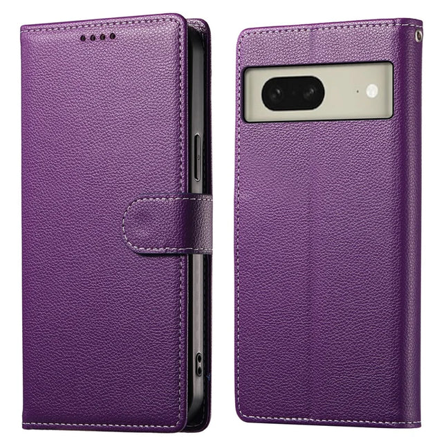 For Google Pixel 8 Case Litchi Texture Leather Wallet Phone Cover Magnetic Snap - Purple