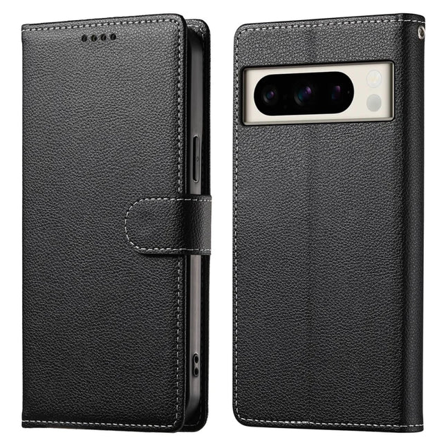 For Google Pixel 8 Pro Stand Case Litchi Texture Leather Wallet Phone Cover Magnetic Snap - Black