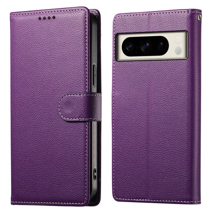 For Google Pixel 8 Pro Stand Case Litchi Texture Leather Wallet Phone Cover Magnetic Snap - Purple