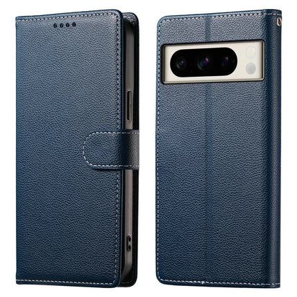 For Google Pixel 8 Pro Stand Case Litchi Texture Leather Wallet Phone Cover Magnetic Snap - Dark Blue