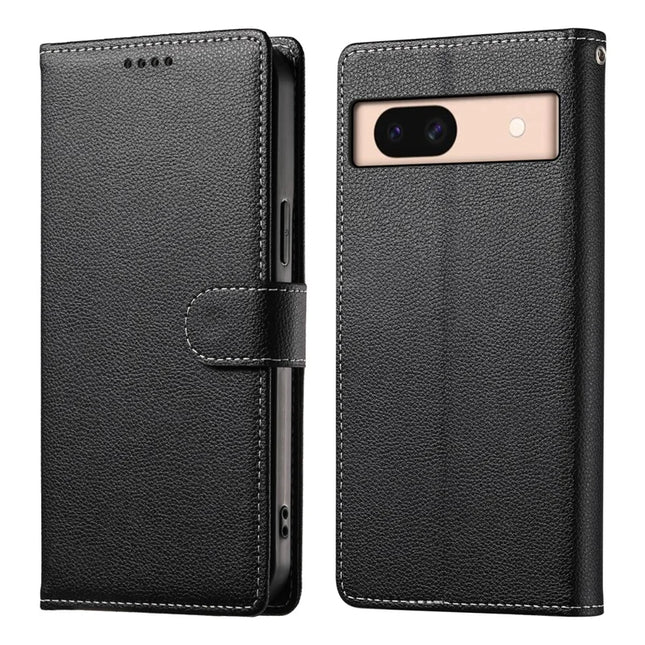 DF-012 For Google Pixel 8a Case Litchi Texture Leather Magnetic Clasp Wallet Stand Phone Cover with Wrist Strap - Black